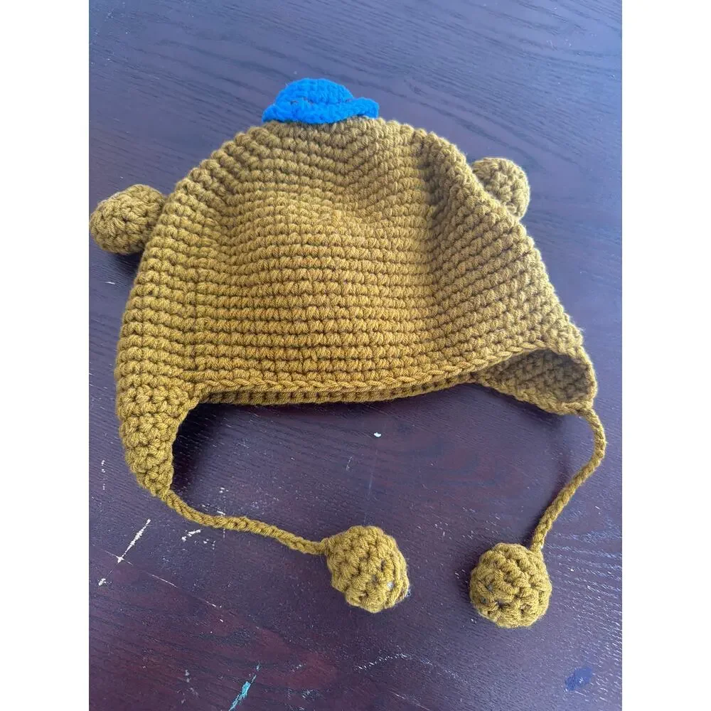 Handmade Monkey Hat Knit Bear Beanie Hat Brown Alpaca Fleece Lined 3D